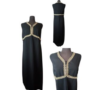 Vintage Sleeveless Maxi Dress Fortrel Polyester, Gold Tinsel Accent, 60s 70s XL`